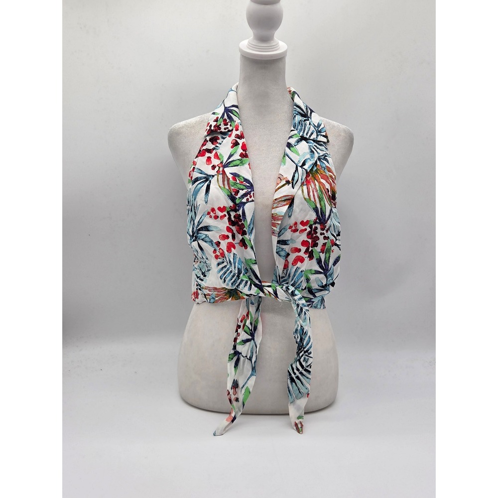 Forever 21 Women's Medium White Tropical Floral Tie Front Halter Top 101-876